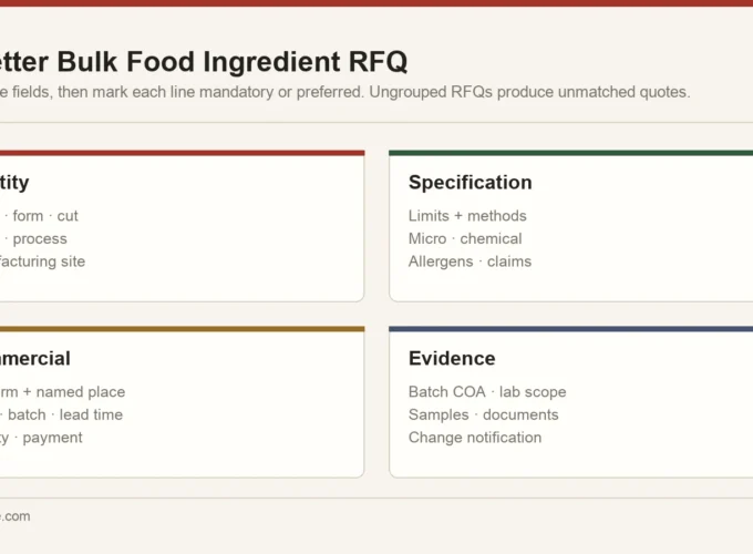 Map of bulk food ingredient RFQ fields grouped into product identity, technical specification, commercial terms and evidence requirements