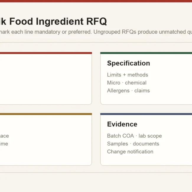 Map of bulk food ingredient RFQ fields grouped into product identity, technical specification, commercial terms and evidence requirements