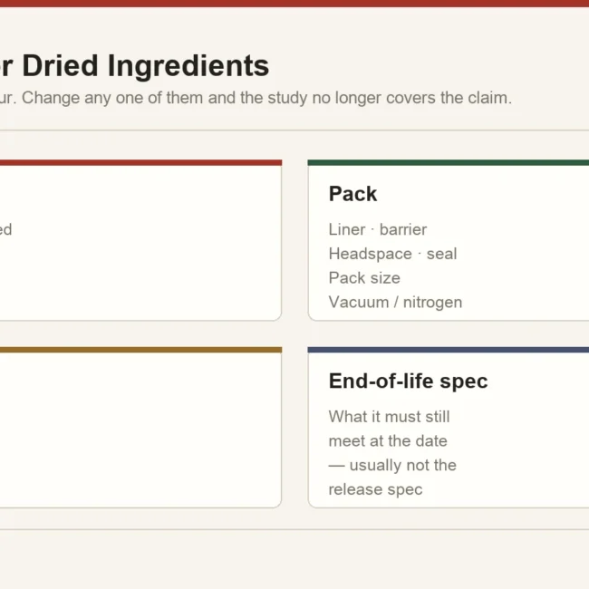 Four elements that define a dried ingredient shelf life claim: the product, the pack, the storage conditions and the end-of-life specification