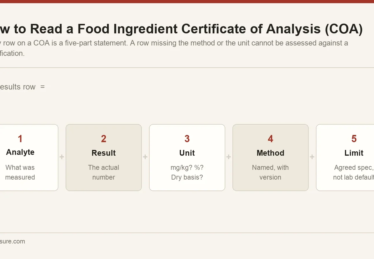 Diagram of a certificate of analysis results row broken into five parts: analyte, result, unit, method and specification limit