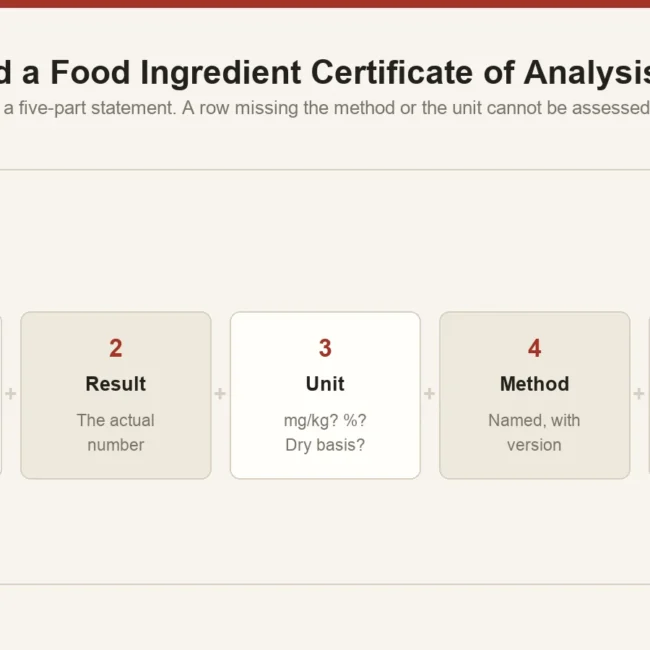 Diagram of a certificate of analysis results row broken into five parts: analyte, result, unit, method and specification limit