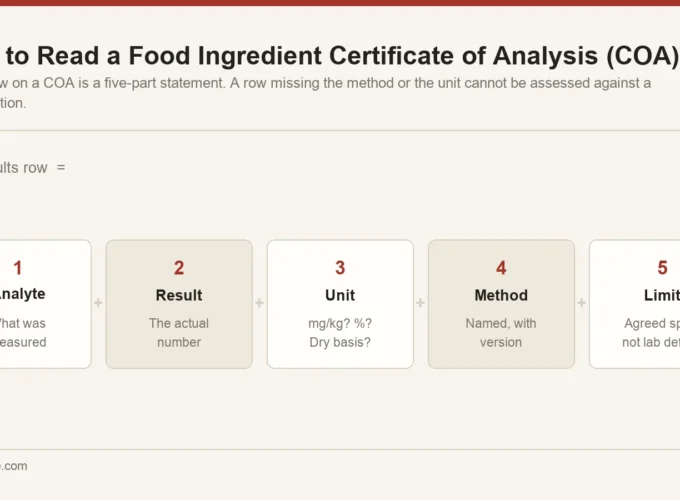 Diagram of a certificate of analysis results row broken into five parts: analyte, result, unit, method and specification limit
