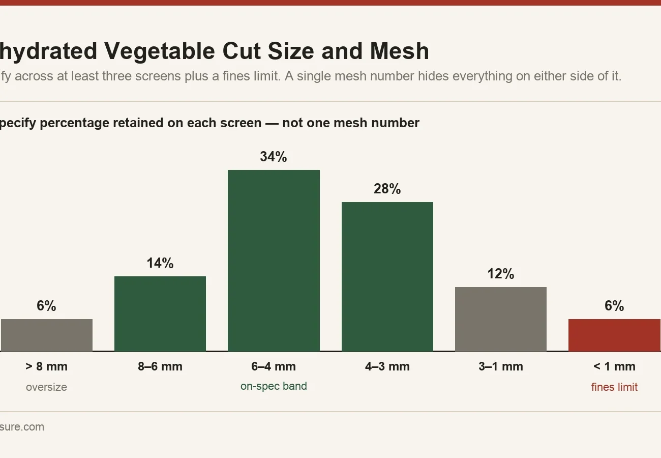 Particle size distribution across three sieve screens for dehydrated vegetables, showing oversize, on-specification band and fines