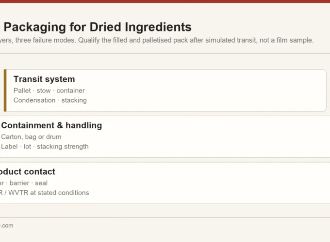 Three-layer bulk packaging architecture for dried ingredients: product-contact liner, containment carton or bag, and the transit pallet and container system