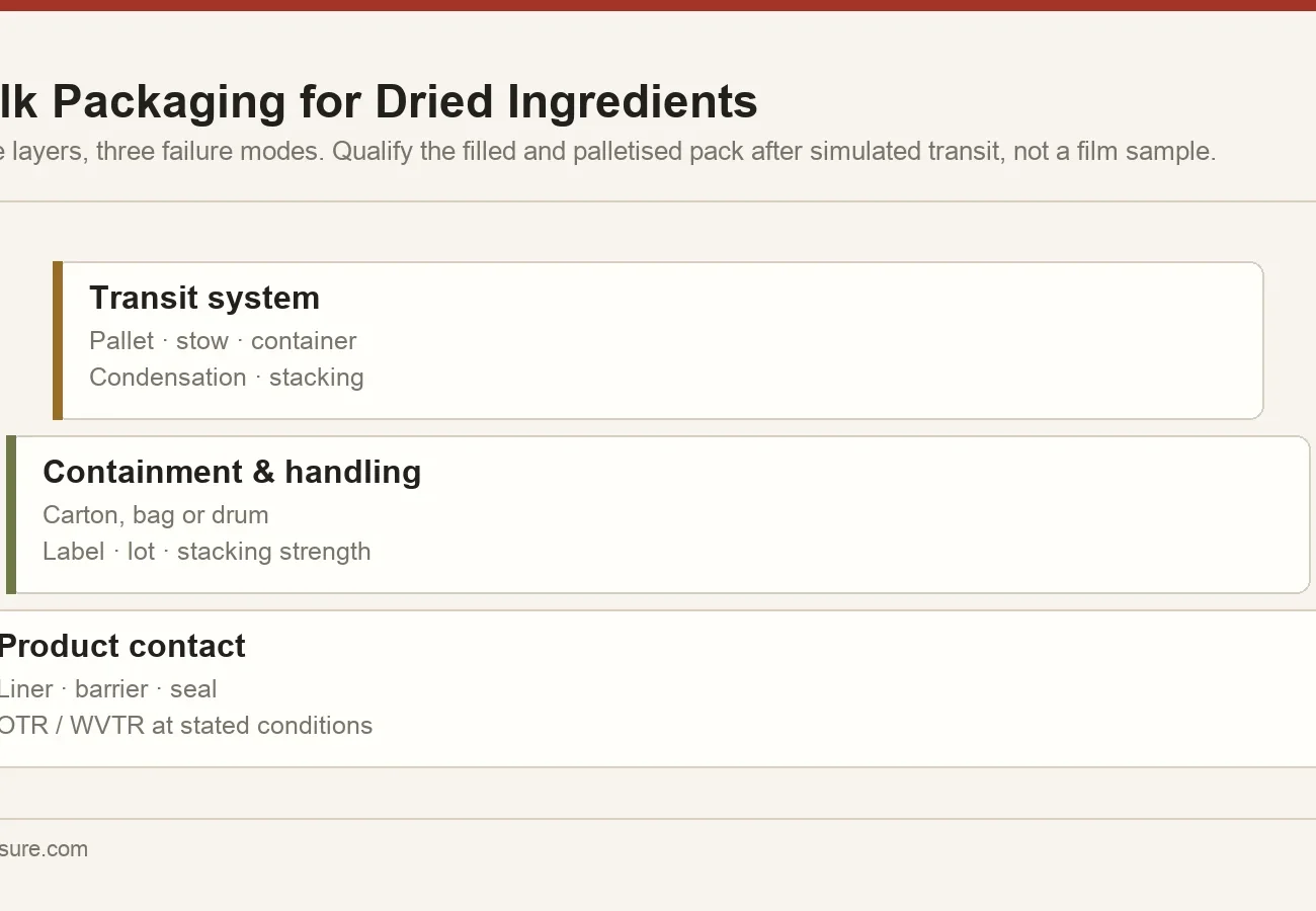 Three-layer bulk packaging architecture for dried ingredients: product-contact liner, containment carton or bag, and the transit pallet and container system