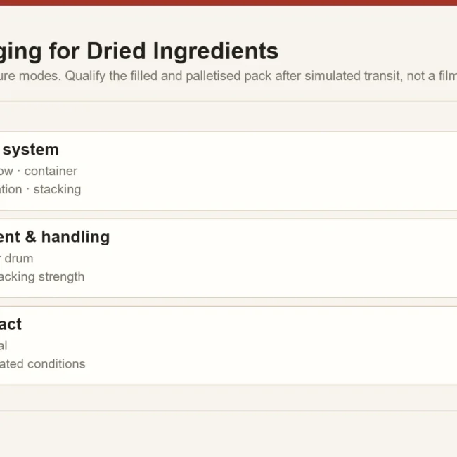 Three-layer bulk packaging architecture for dried ingredients: product-contact liner, containment carton or bag, and the transit pallet and container system