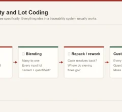 Three points where food ingredient traceability chains break: blending, repacking and rework, shown between incoming lot and customer delivery