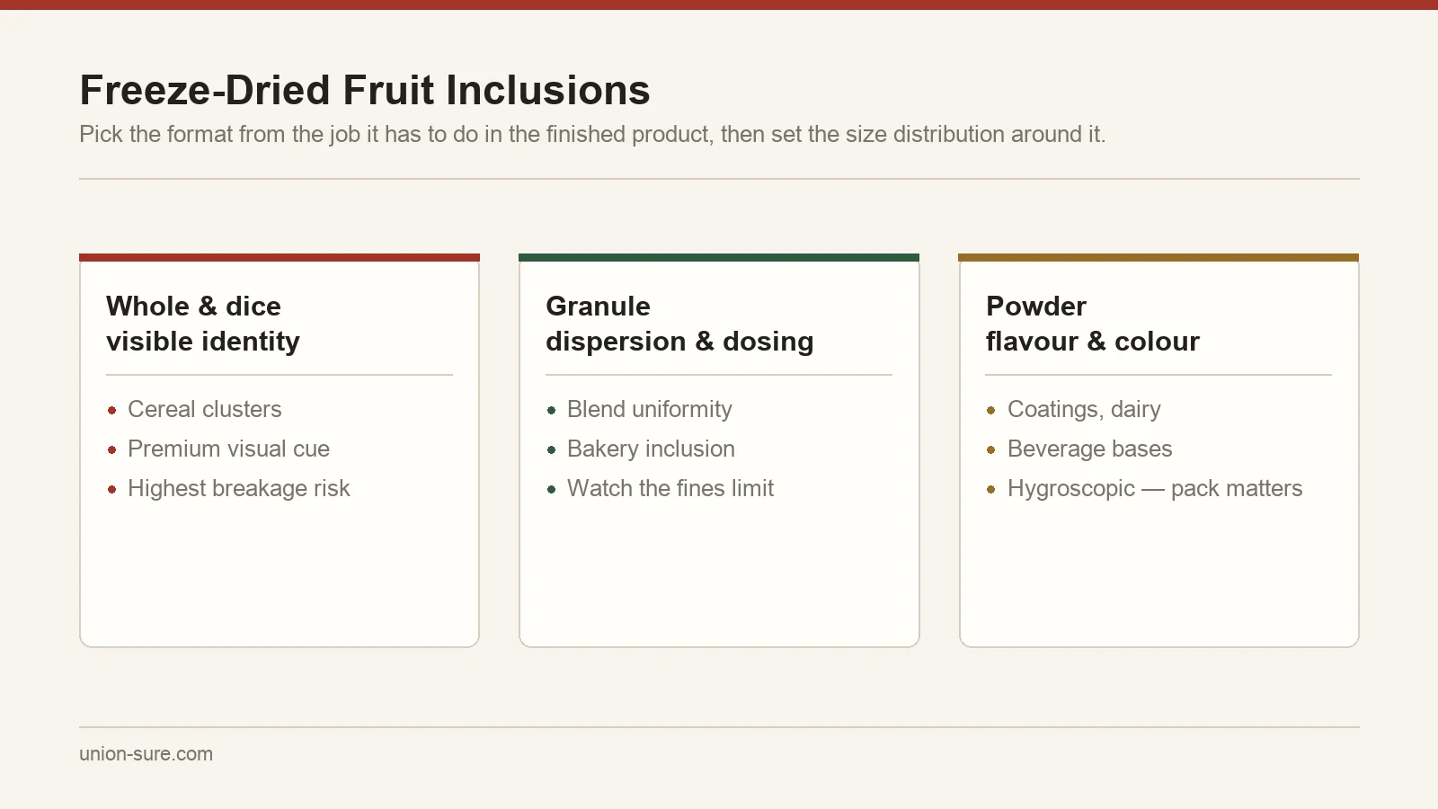 Freeze-dried fruit inclusion formats matched to their job: whole and dice for visible identity, granule for dispersion, powder for flavour and colour