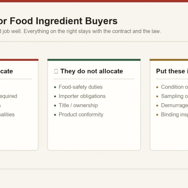 What Incoterms rules allocate versus what they do not: cost risk and delivery obligations against food safety responsibility, title and product conformity