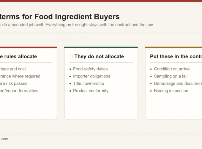 What Incoterms rules allocate versus what they do not: cost risk and delivery obligations against food safety responsibility, title and product conformity