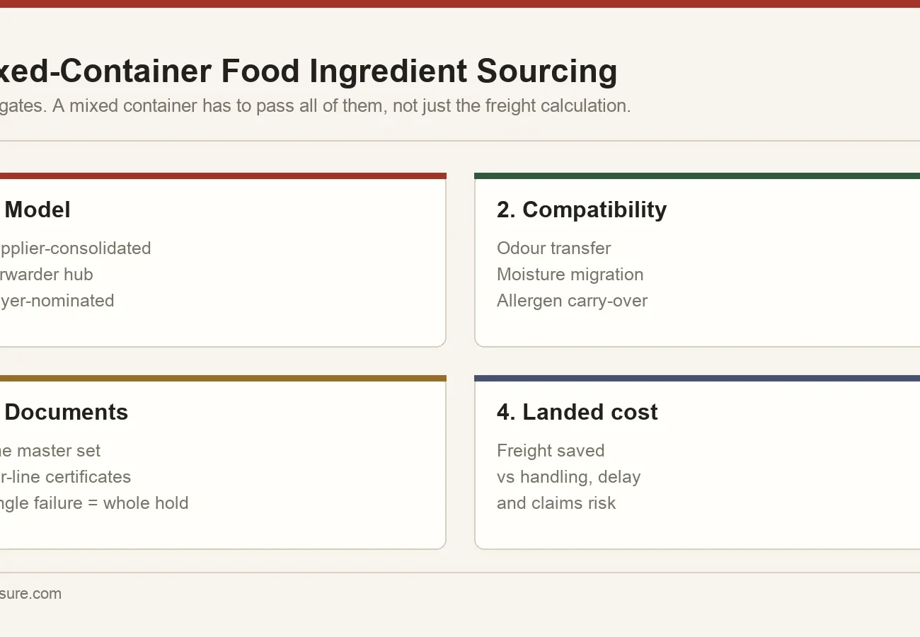 Four-part go/no-go framework for mixed food ingredient containers: consolidation model, cargo compatibility, document set and landed cost