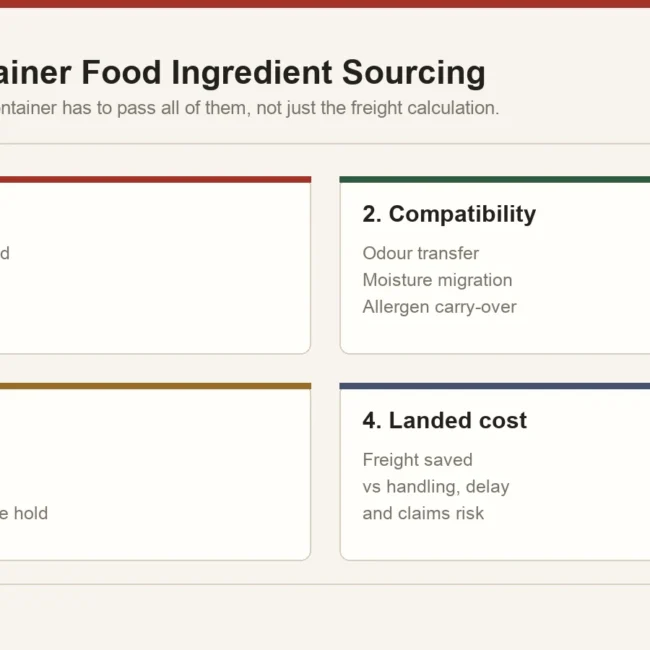 Four-part go/no-go framework for mixed food ingredient containers: consolidation model, cargo compatibility, document set and landed cost