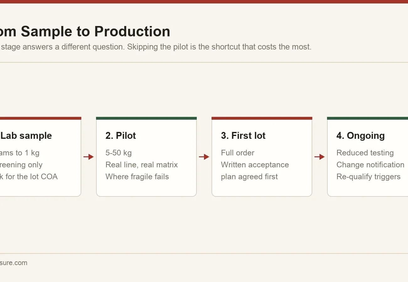 Four-stage ingredient qualification protocol from lab sample through pilot and first commercial lot to ongoing verification