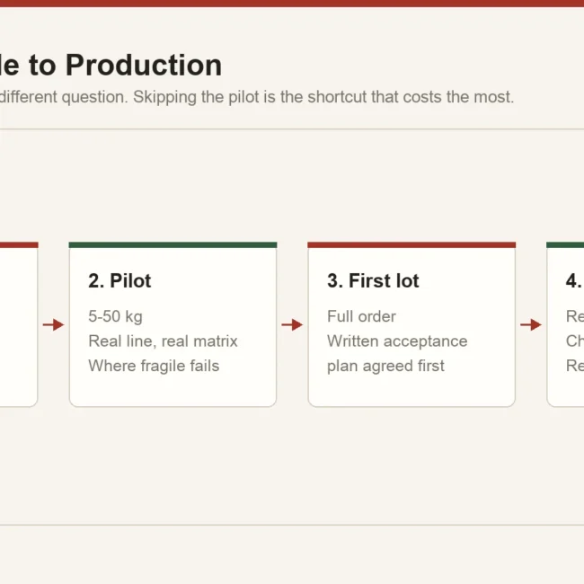 Four-stage ingredient qualification protocol from lab sample through pilot and first commercial lot to ongoing verification