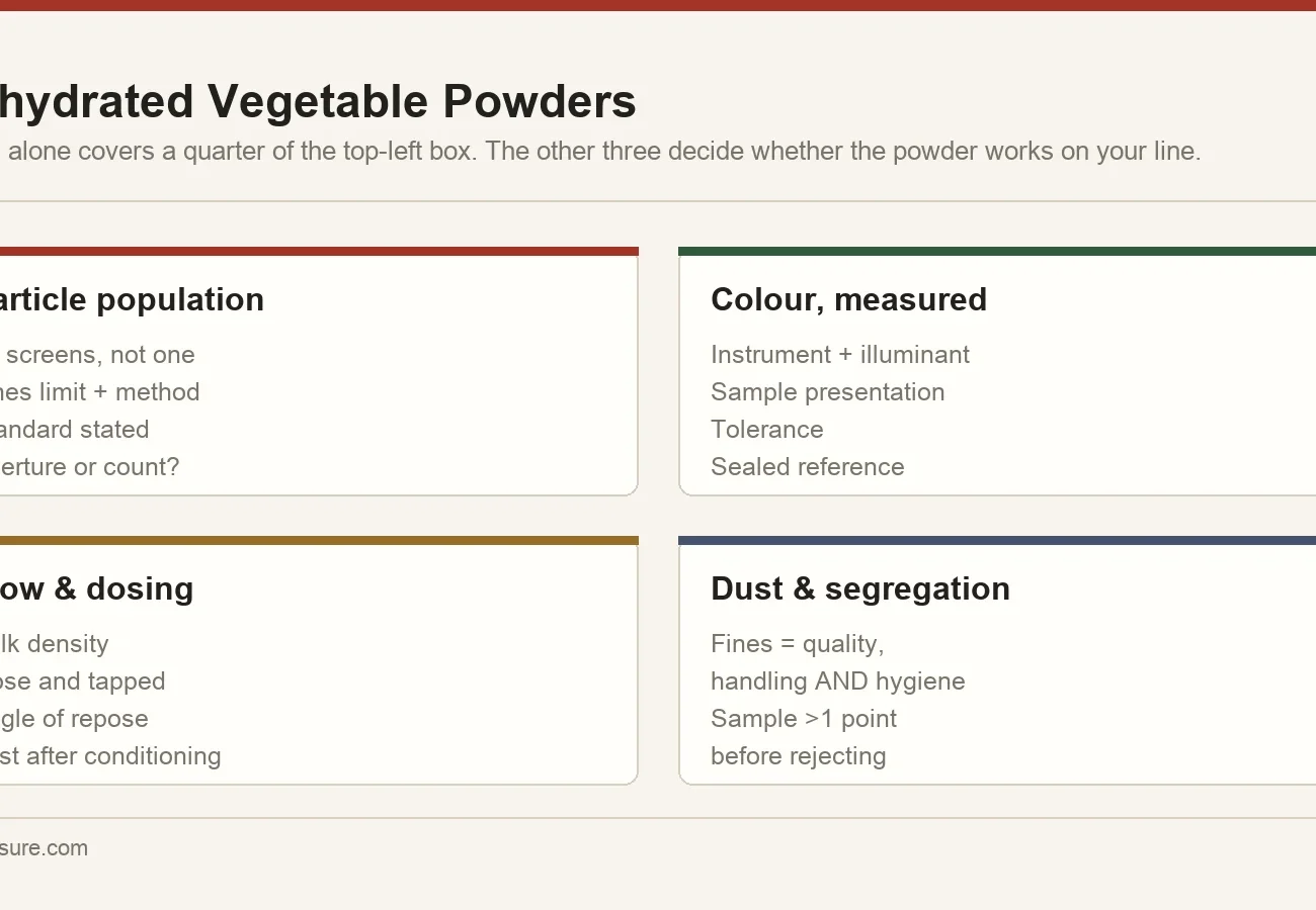Four specification axes for dehydrated vegetable powders: particle size distribution, measured colour, flow and dosing, and dust and segregation control