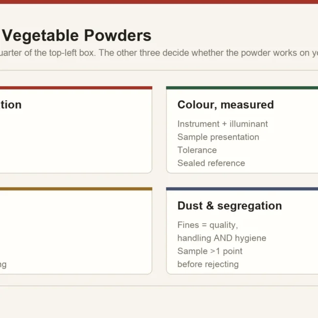 Four specification axes for dehydrated vegetable powders: particle size distribution, measured colour, flow and dosing, and dust and segregation control