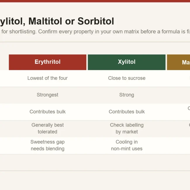 Procurement comparison of erythritol, xylitol, maltitol and sorbitol covering sweetness, bulk contribution, cooling effect and tolerance considerations