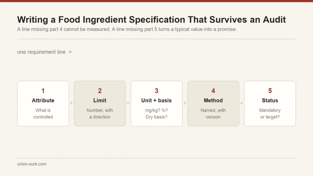 The five parts of an enforceable specification line: attribute, limit, unit and basis, method, and mandatory or target status