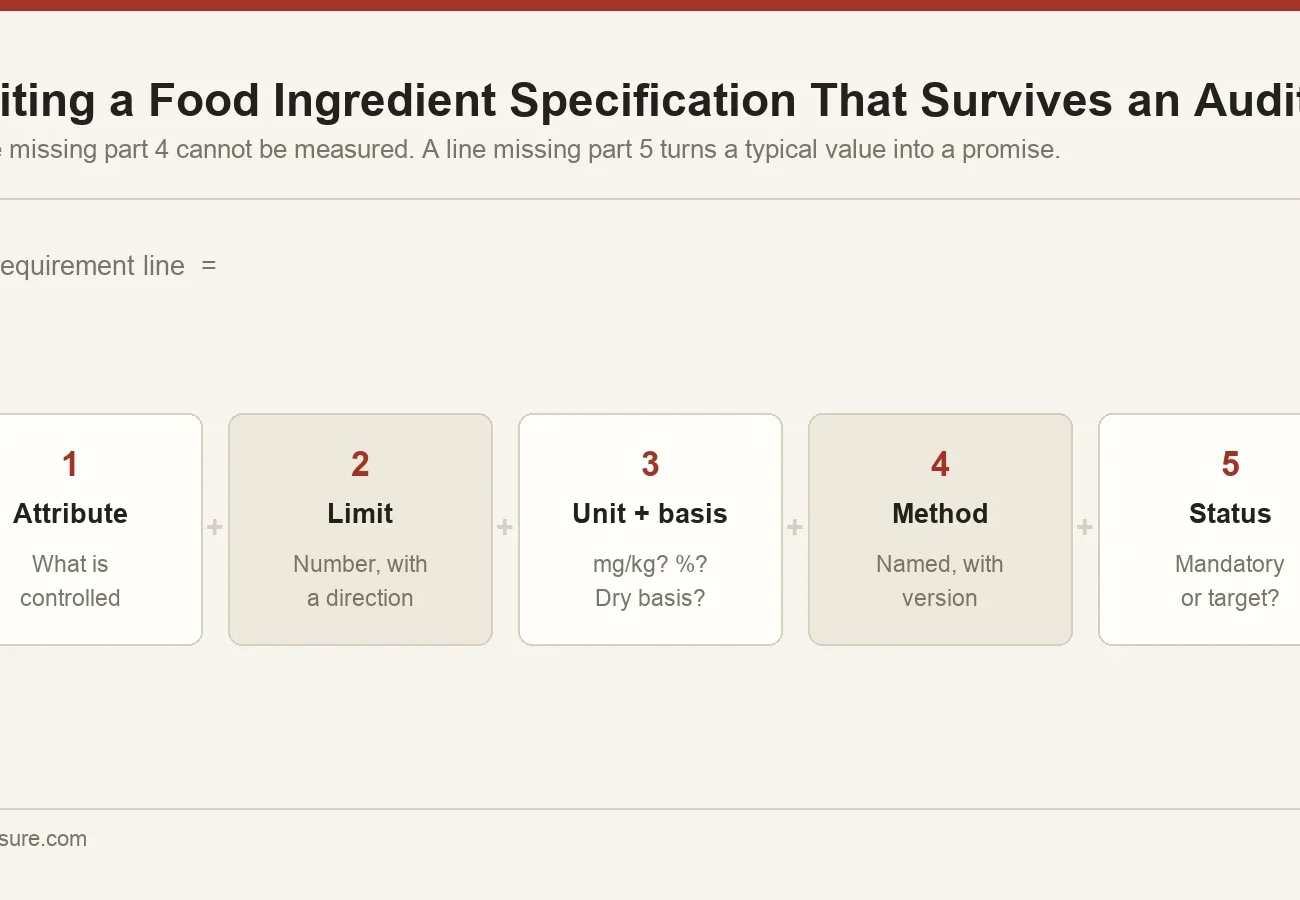 The five parts of an enforceable specification line: attribute, limit, unit and basis, method, and mandatory or target status