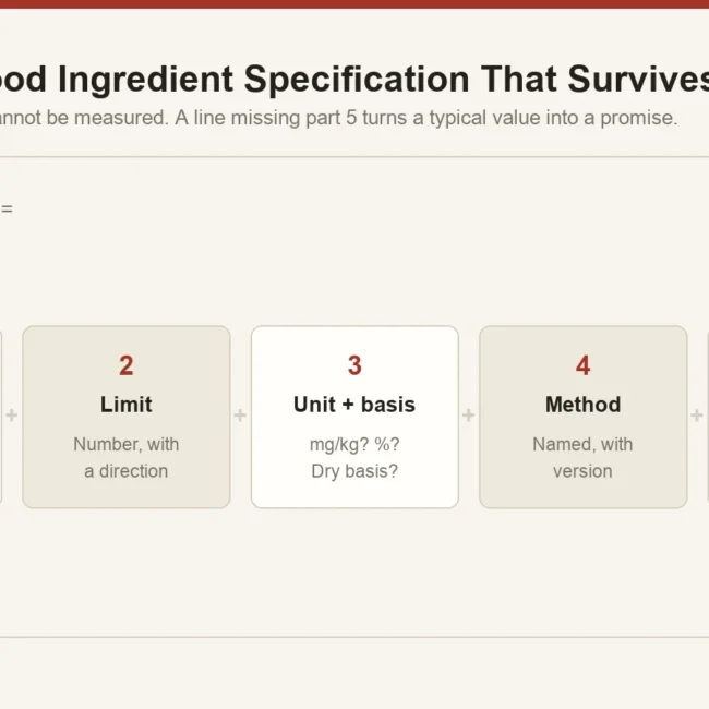 The five parts of an enforceable specification line: attribute, limit, unit and basis, method, and mandatory or target status