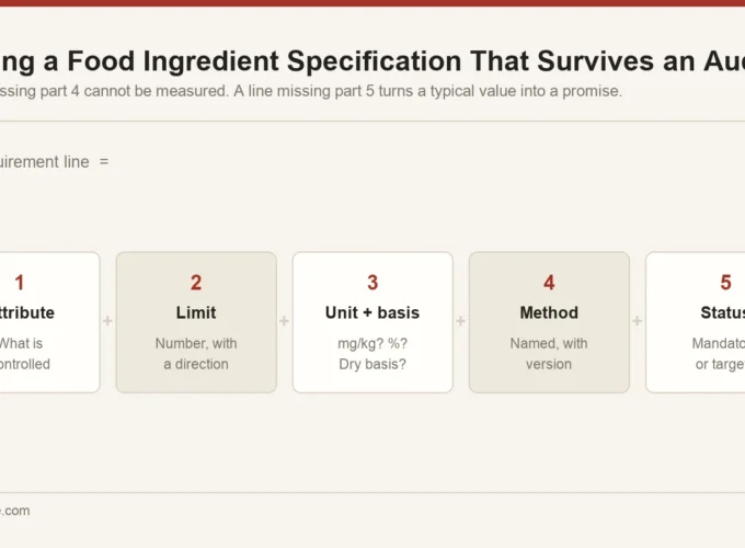 The five parts of an enforceable specification line: attribute, limit, unit and basis, method, and mandatory or target status