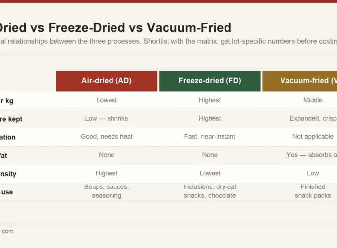 Comparison of air drying, freeze drying and vacuum frying showing relative cost, structure retention, rehydration, fat content and bulk density