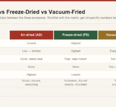 Comparison of air drying, freeze drying and vacuum frying showing relative cost, structure retention, rehydration, fat content and bulk density