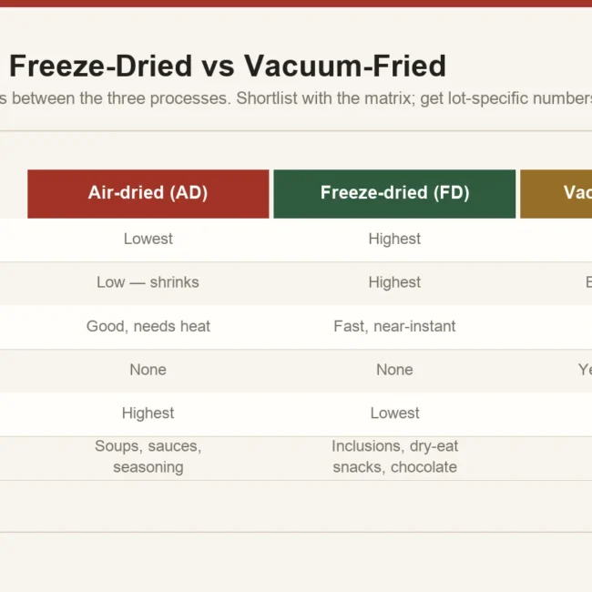 Comparison of air drying, freeze drying and vacuum frying showing relative cost, structure retention, rehydration, fat content and bulk density