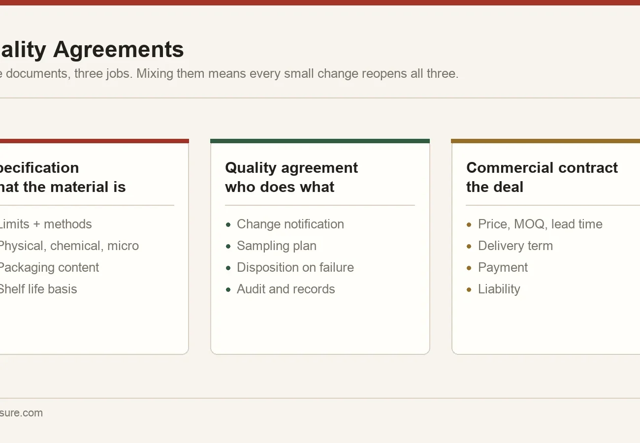 Division of content between an ingredient specification, a quality agreement and a commercial contract