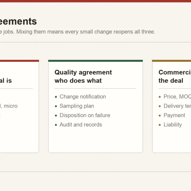Division of content between an ingredient specification, a quality agreement and a commercial contract
