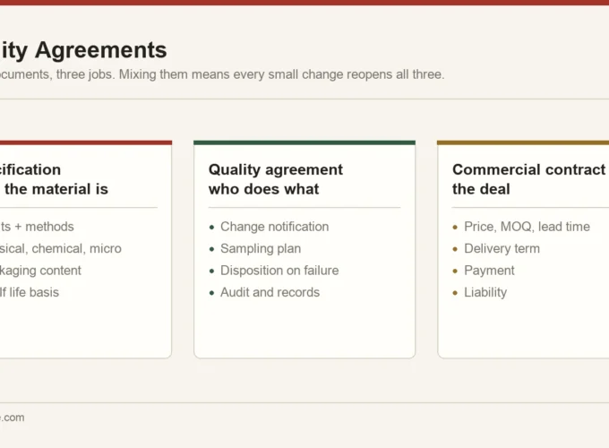 Division of content between an ingredient specification, a quality agreement and a commercial contract