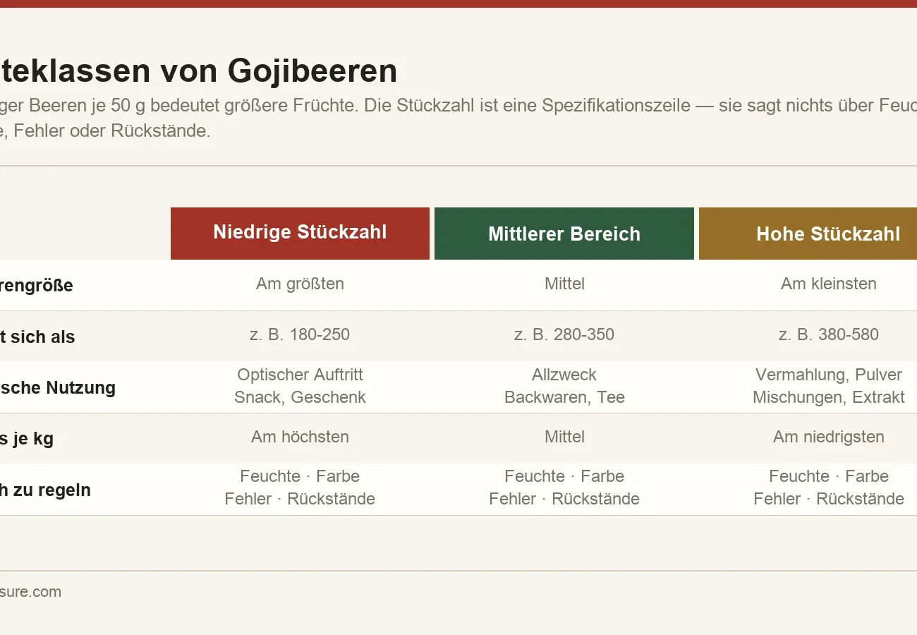Güteklassen von Gojibeeren als Stückzahl je 50 Gramm, mit dem Zusammenhang zwischen Stückzahl, Beerengröße und typischer Anwendung