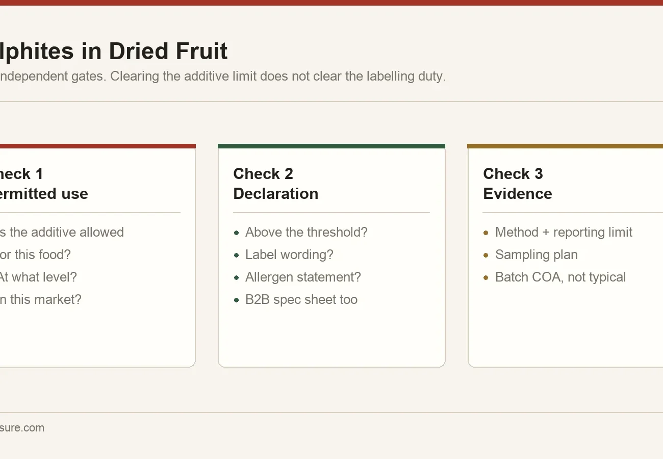 Two separate sulphite checks for dried fruit: permitted additive use in the destination market, and the allergen declaration duty on the label