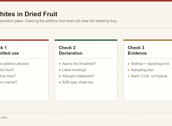 Two separate sulphite checks for dried fruit: permitted additive use in the destination market, and the allergen declaration duty on the label