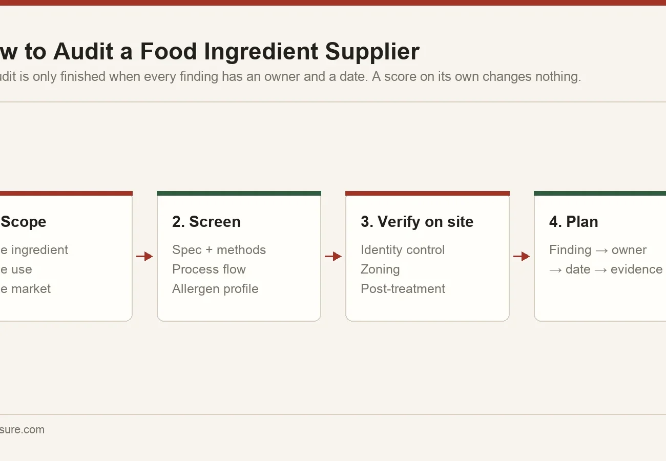 Four-stage supplier audit flow: define the ingredient scope, screen documents, verify on site, convert findings into a dated verification plan