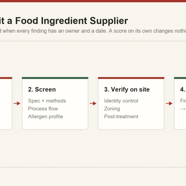 Four-stage supplier audit flow: define the ingredient scope, screen documents, verify on site, convert findings into a dated verification plan