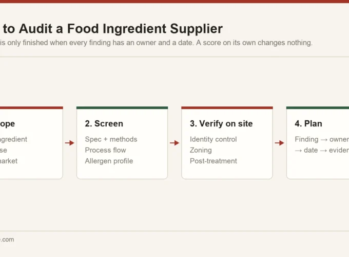 Four-stage supplier audit flow: define the ingredient scope, screen documents, verify on site, convert findings into a dated verification plan