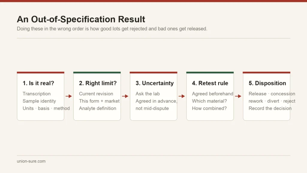 Five-step sequence for handling an out-of-specification result: verify the result, verify the limit, apply measurement uncertainty, retest under an agreed rule, then decide disposition