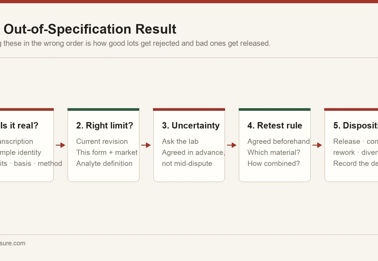 Five-step sequence for handling an out-of-specification result: verify the result, verify the limit, apply measurement uncertainty, retest under an agreed rule, then decide disposition