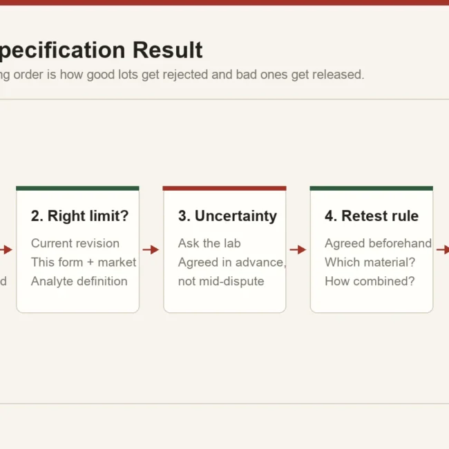 Five-step sequence for handling an out-of-specification result: verify the result, verify the limit, apply measurement uncertainty, retest under an agreed rule, then decide disposition