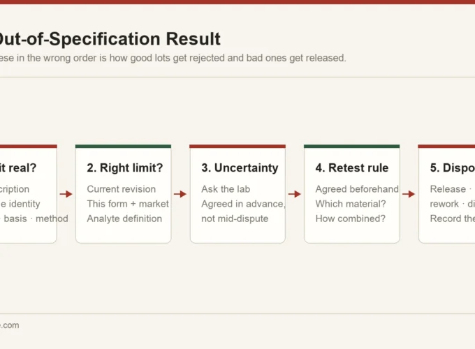 Five-step sequence for handling an out-of-specification result: verify the result, verify the limit, apply measurement uncertainty, retest under an agreed rule, then decide disposition